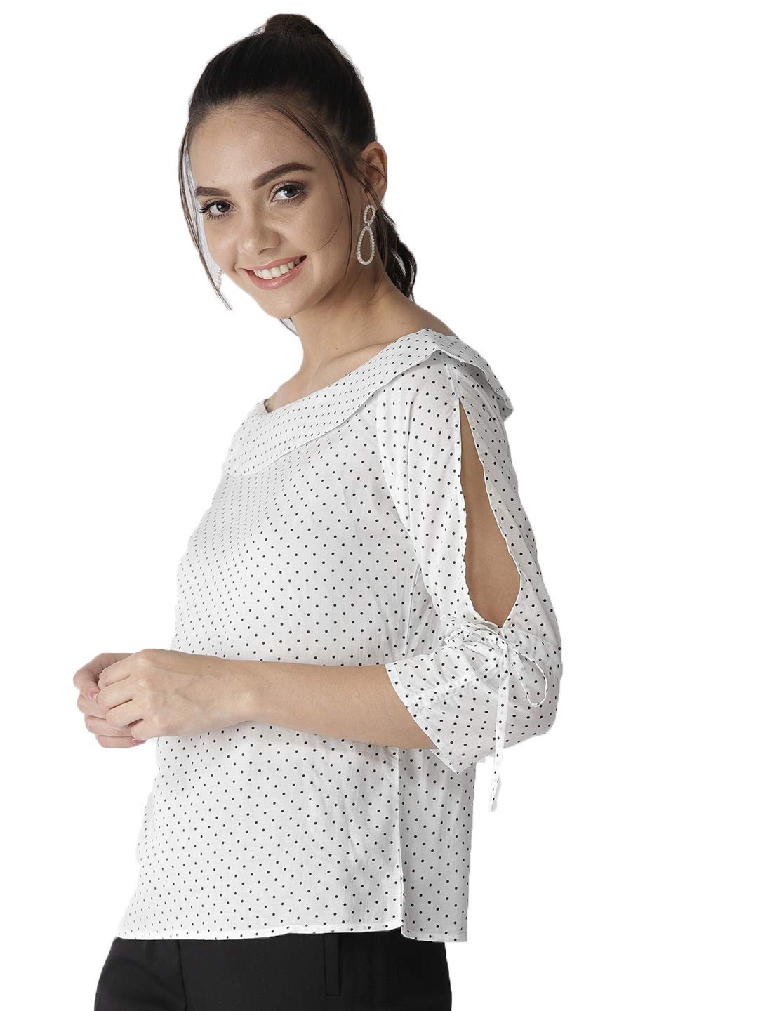 Style Quotient Women White and Black Polka Printed polycrepe Smart Casual top