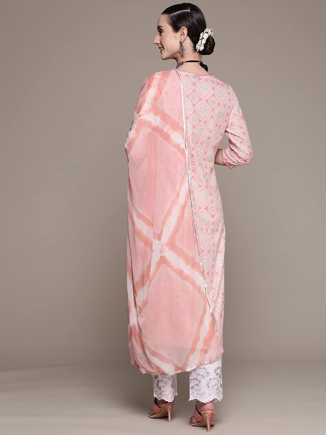 ishin Women's Cotton Pink Embroidered A-Line Kurta set with Trouser & Dupatta