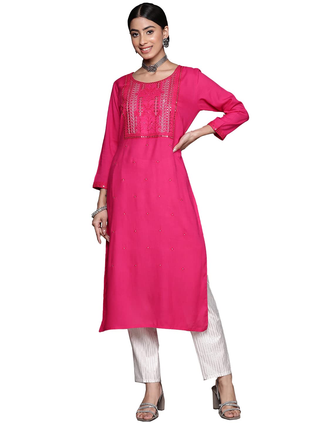 ishin Womens Viscose Straight Embellished Straight Kurta