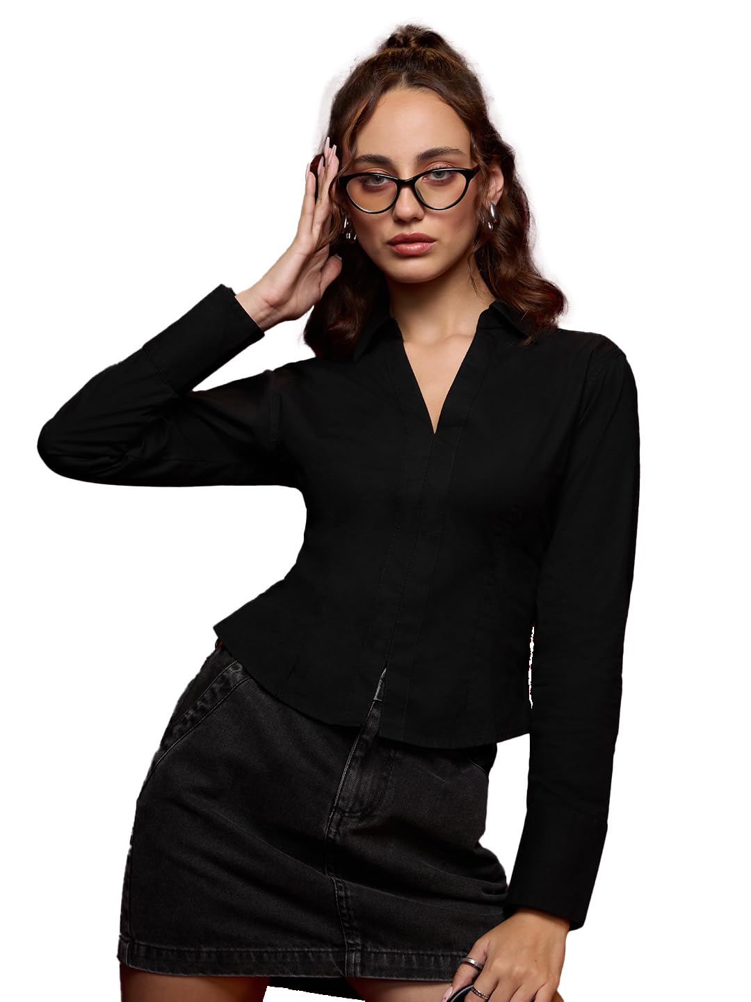 The Souled Store Corset Shirt: Onyx Women and Girls Long Sleeves Collared Neck Button Front Fitted Shirts