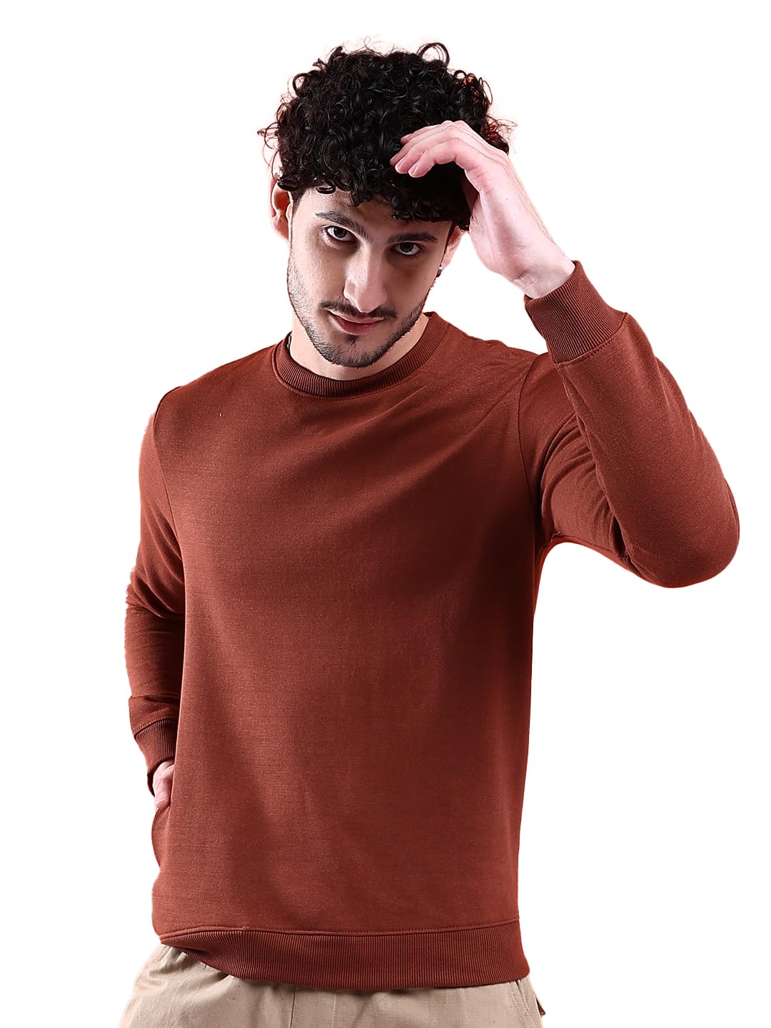 The Indian Garage Co Mens Polyester Crew Neck Sweatshirt (0123-EL-DSWT-01_Wholegrain
