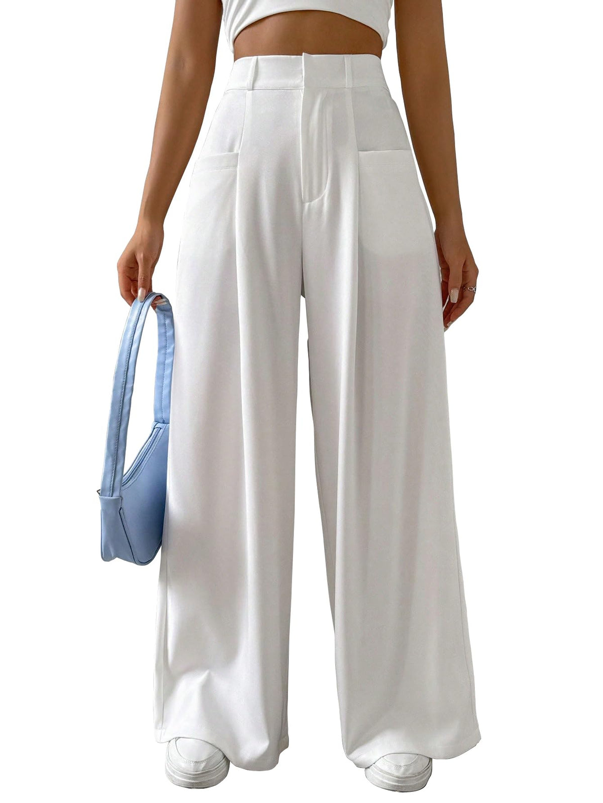 Shasmi Women & Girls Solid White Color Loose Fit, Pleated Trousers, Wide Leg Pocket Casual Long Korean Trousers Pant (Pant 146 W