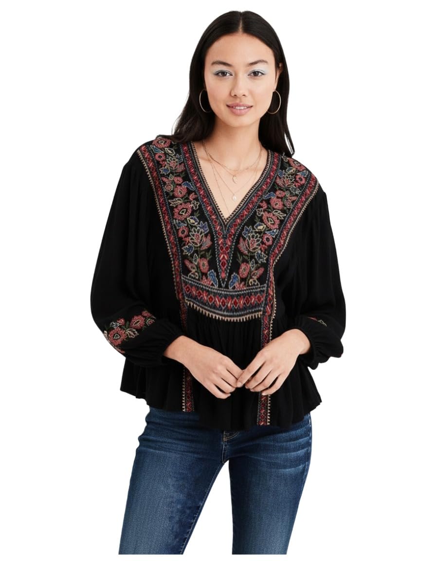 ANNI Designer Womens Tops Viscose Embroidered Top for Women (Umisha Black_XL_Black_X-Large)