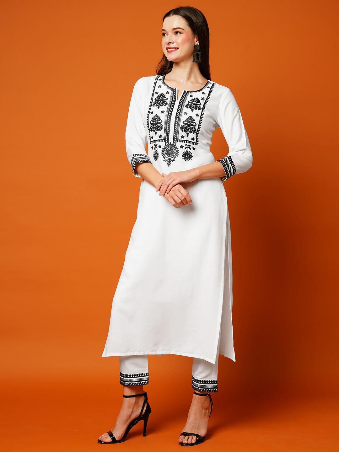 ANNI DESIGNER Women's Cotton Blend Straight Embroidered Kurta with Pant