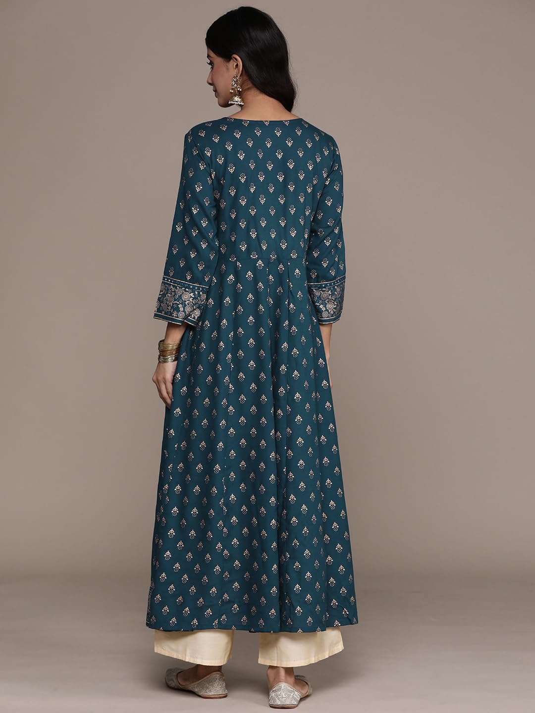anubhutee Women's Viscose Rayon Ethnic Motifs Embroidered Teal Mirror Work A-Line Kurta