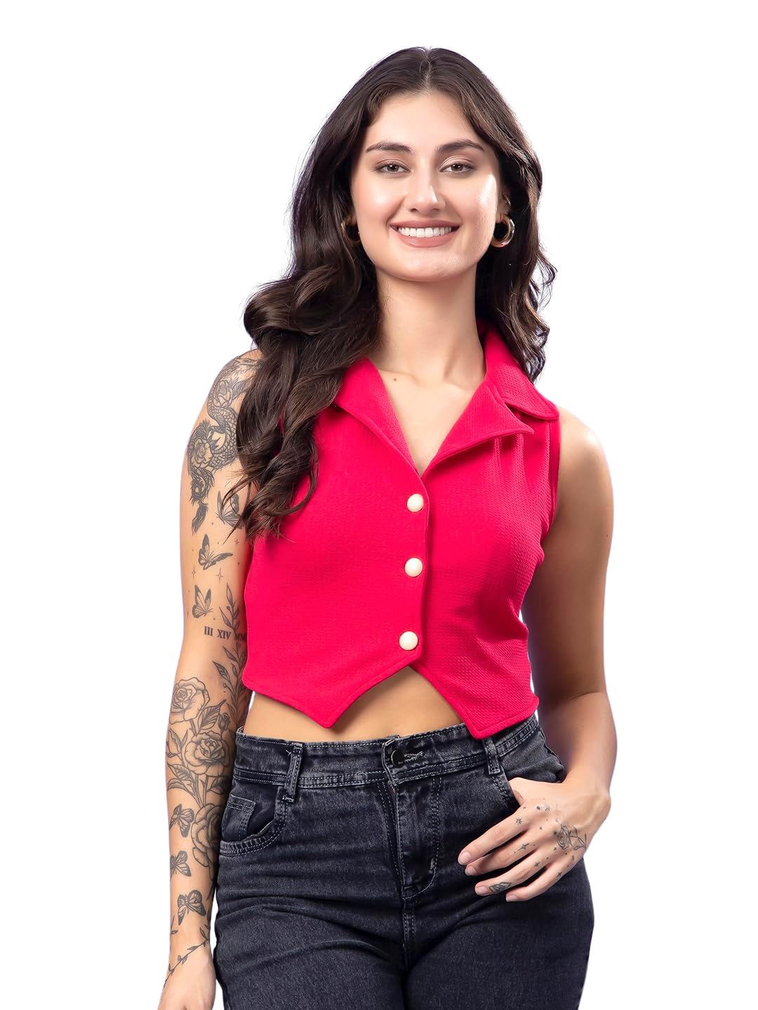 POPWINGS Pink Solid Button Clousre V Neck Sleeveless Waistcoat Crop Top