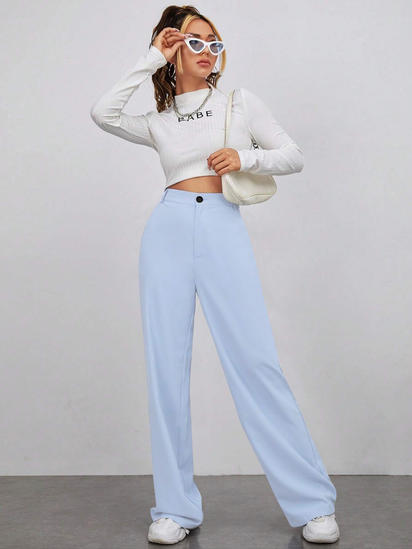 Toochki Trousers for Women | Womens High-Waisted Pant | Trouser | Korean Style | Sky Blue | Bottom Wear
