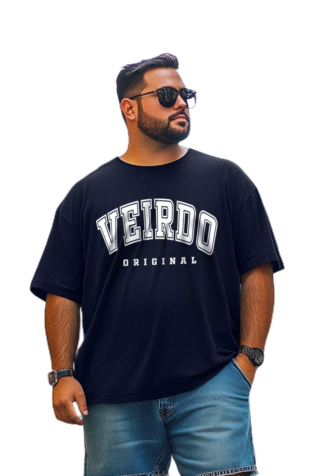 Veirdo Mens 100% Cotton Oversized Fit Drop Shoulder Aesthetic Front Chest Typographic Printed T-Shirt