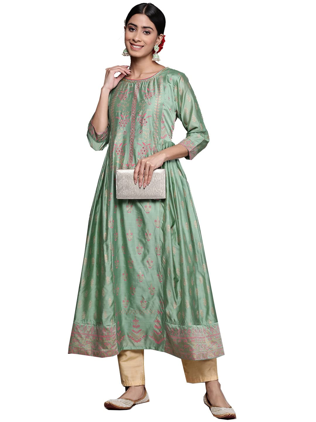 ishin Womens Silk Blend Mint Green Embellished Anarkali Kurta