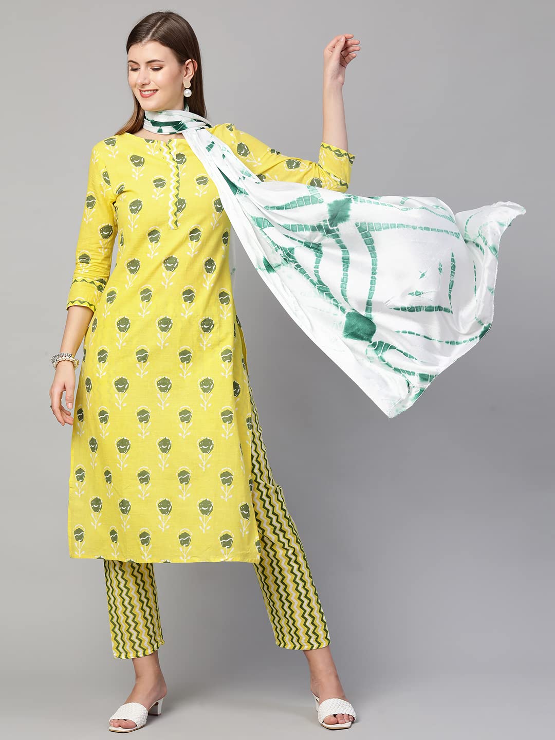 ANNI DESIGNER Women's Cotton Straight Kurta with Pant & Dupatta (KPTD-COT-10056-YELLOW)