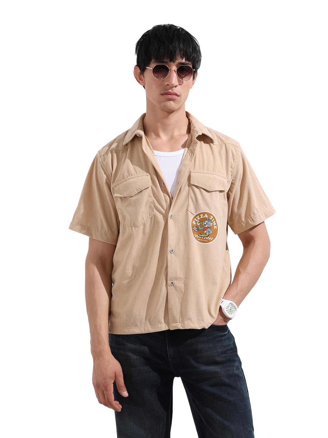The Indian Garage Co Mens Boxy Fit Badges Cutaway Collar Half Sleeves Street Shirt