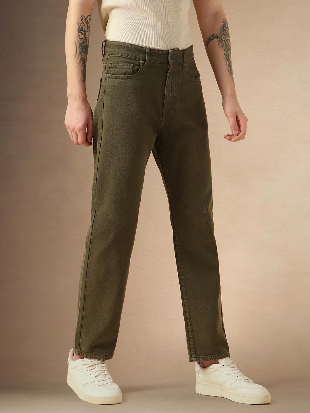 Dennis Lingo Mens Green Cotton Relaxed Fit Casual Jeans