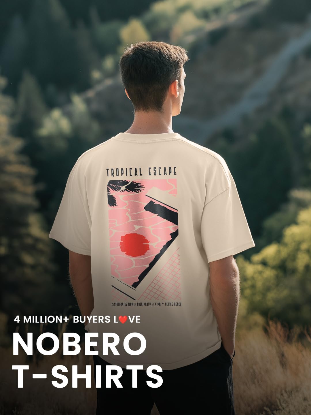 Nobero MenS Graphic Print Oversized Fit T-Shirt (1M-Twrt-C1005-Bs_Tropical Escape-Sand