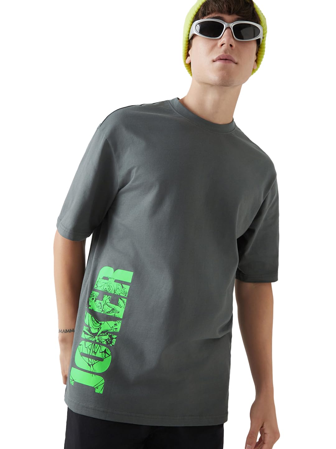 Bewakoof Offcial DC Merchandise Joker Mens Typography Oversized Fit Half Sleeve Round Neck Cotton Jersey T-Shirt_646653_Grey_XL