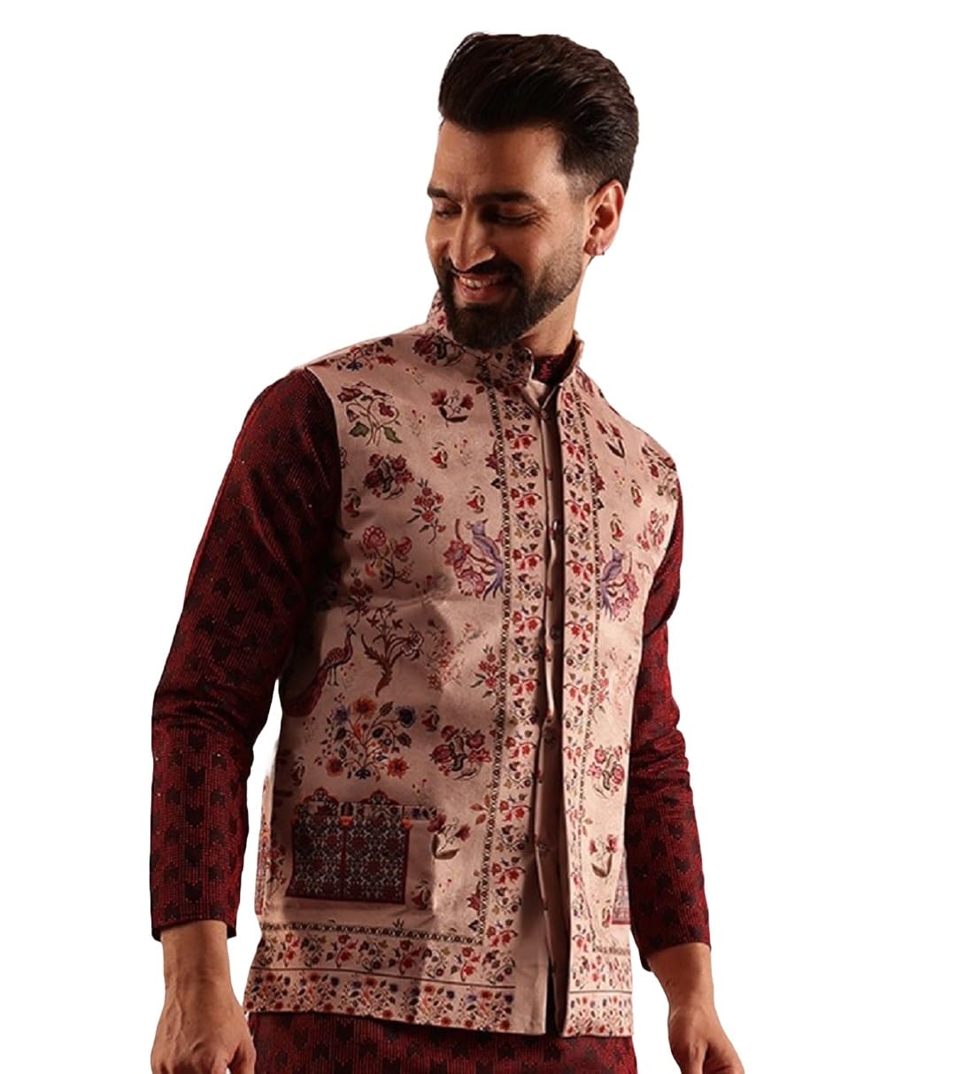 SOJANYA (Since 1958 Men's Velvet Maroon Nehru Jacket With Paisley Print
