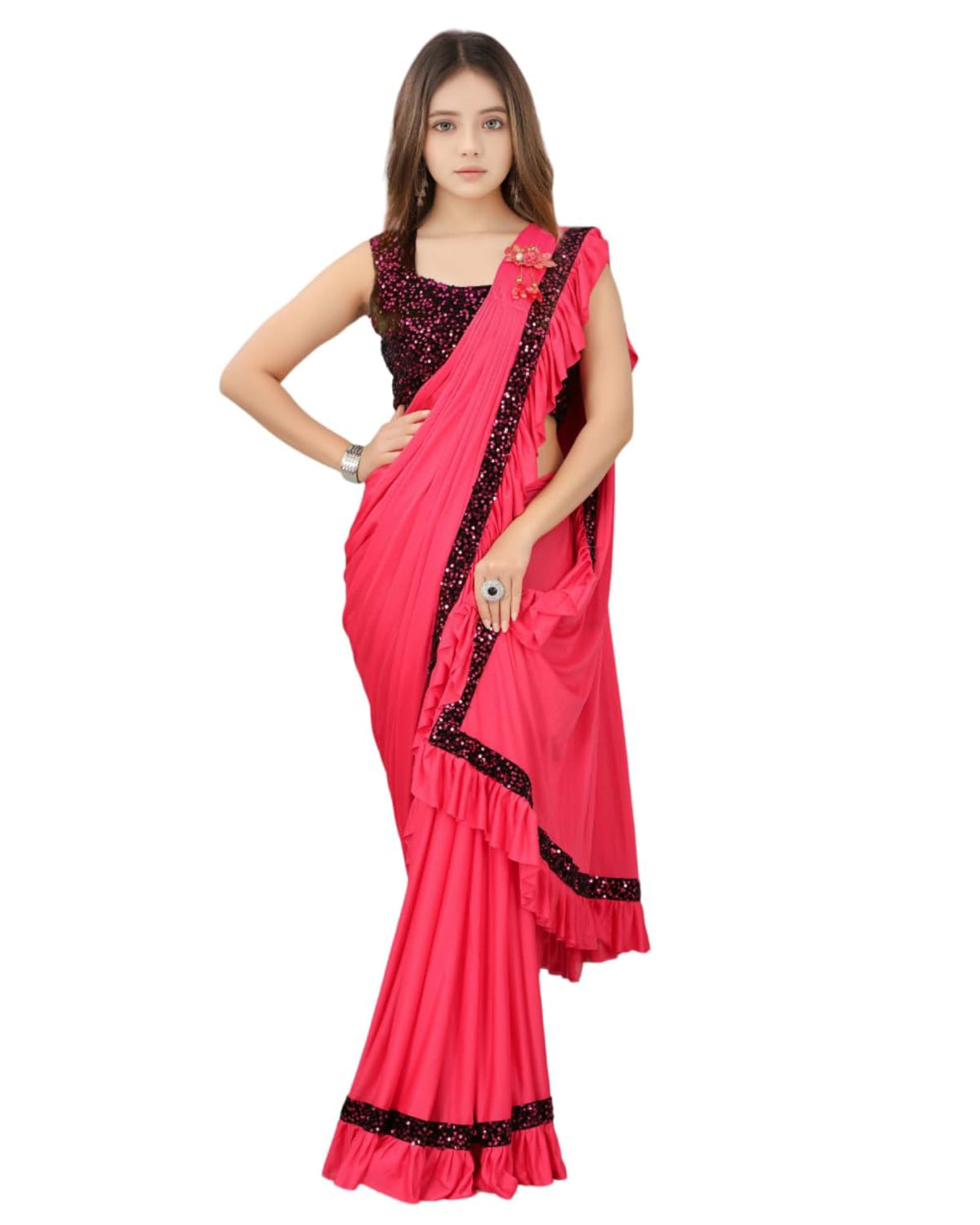 Dhyey Fashion Baby Girls Lycra Blend Saree With Unstitched Blouse Elegant & Comfortable Saree For Baby Girls,Soft And Stretchy