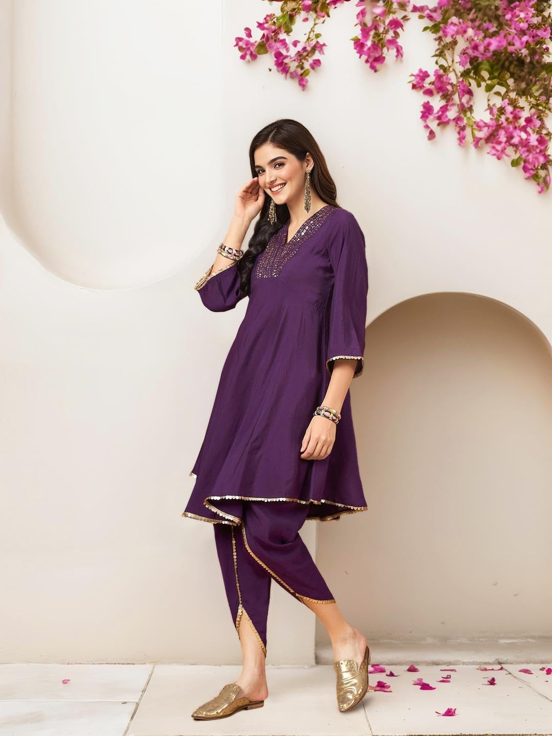 Ishin Women Sequin V-Neck Embellished Knee Length Flared Kurta With Dhoti Pants