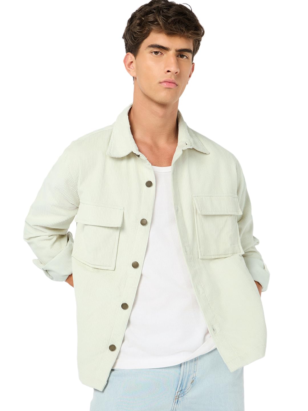 Bewakoof Men Solid Regular Fit Full Sleeve Collar Corduroy Jacket_691925_Green_S