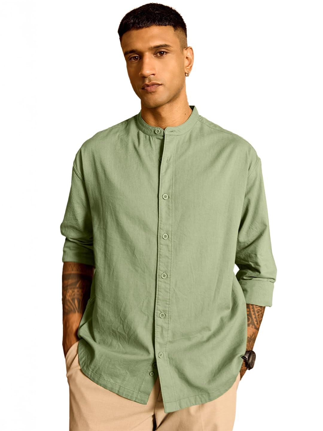 Bewakoof Mens Solid Oversized Fit Full Sleeve Mandarin Collar Cotton Shirt_685475_Green_M