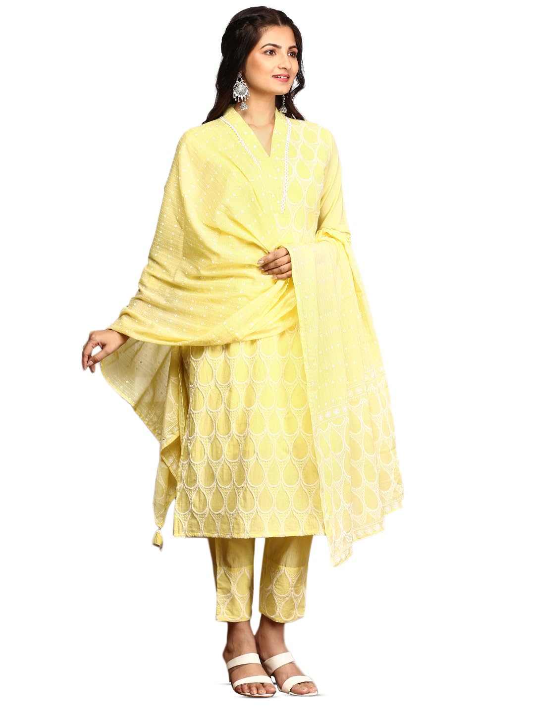 Ishin Women Yellow Cotton Kurta Set With Dupatta