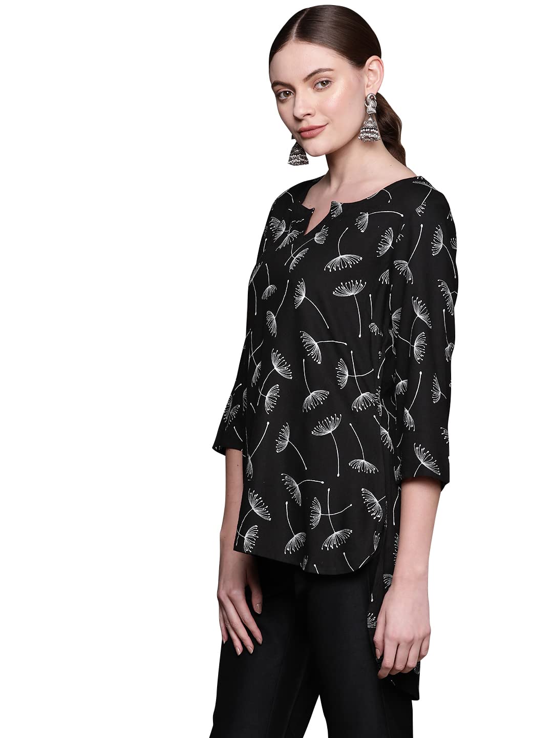 ZIYAA Floral Regular Fit Women's Black Rayon Printed Tunic