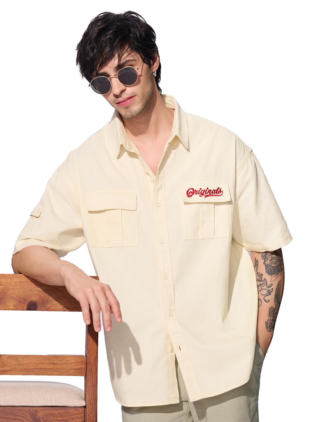 The Souled Store Solids: Classic Off-White Men and Boys Short Sleeves Collared Neck Button Front Cotton Oversized Shirts