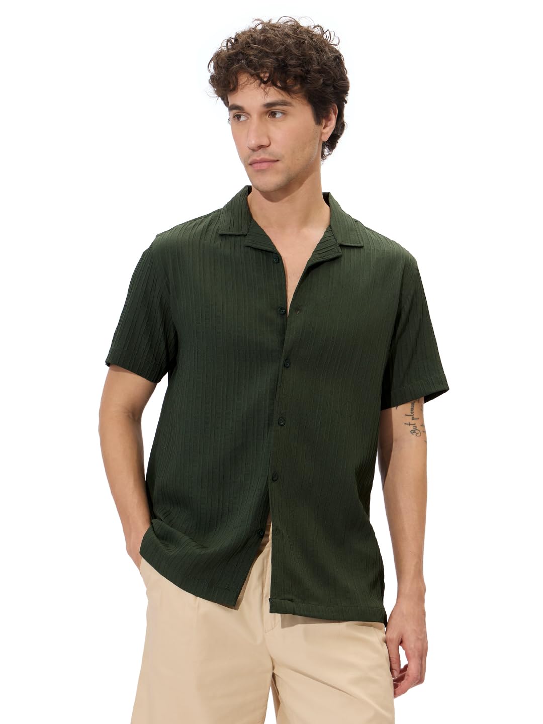 The Souled Store Solids: Forest Green Men and Boys Short Sleeves Collared Neck Button Front Regular Fit Polyester Textured Shirt