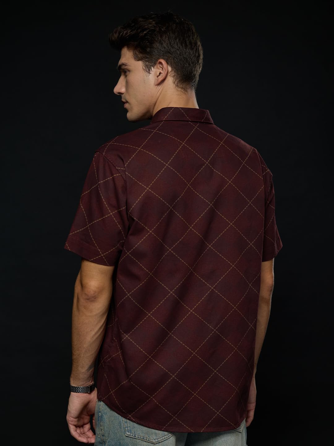 The Souled Store Harry Potter: Gryffindor Argyle Collared Neck Button Front Red Embroidered Regular Fit Cotton Half Sleeve Shirt