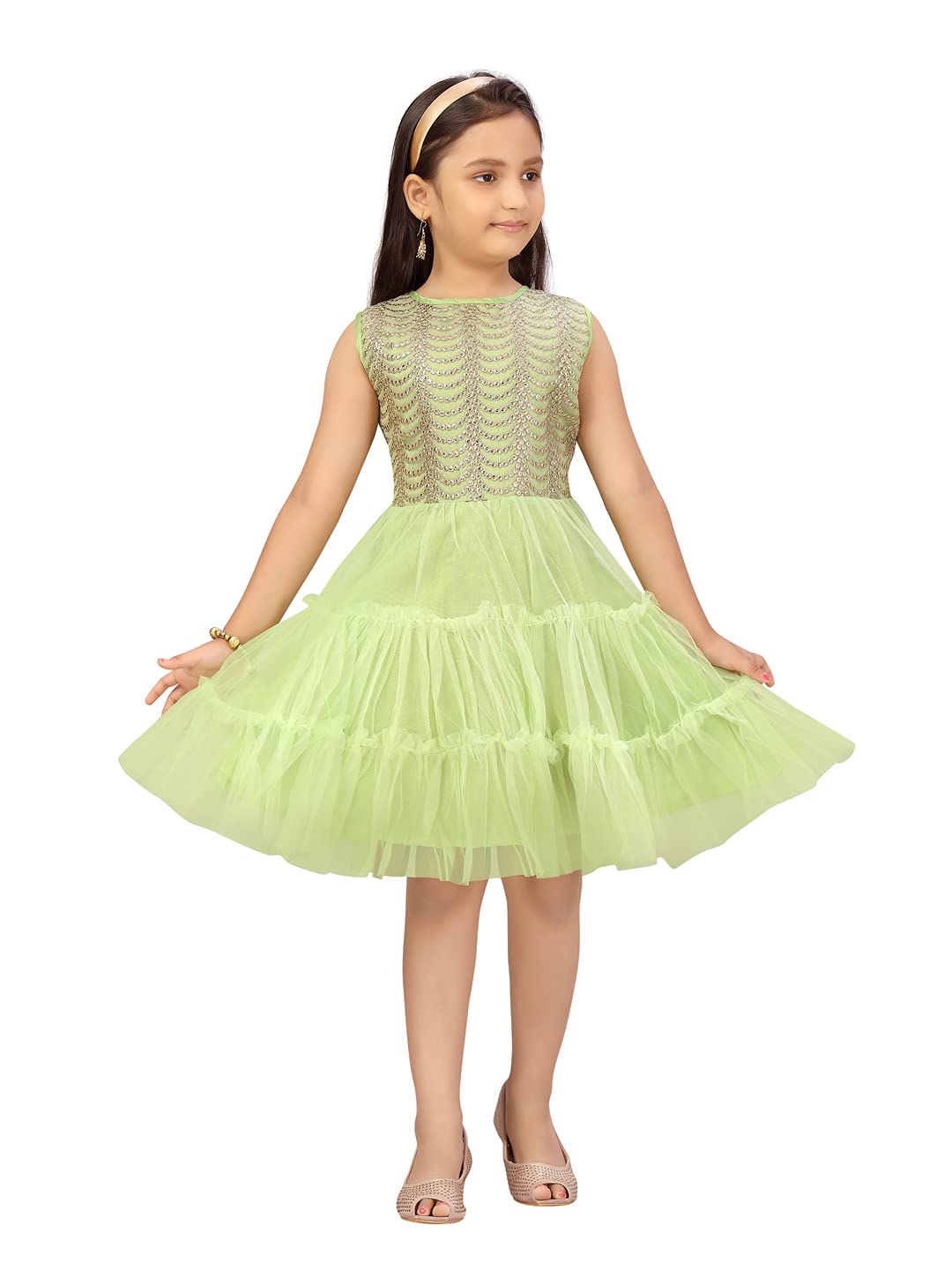 Aarika Girl's Net A-Line 1-2 Years Dress (NV-FK-21906_Sea Green