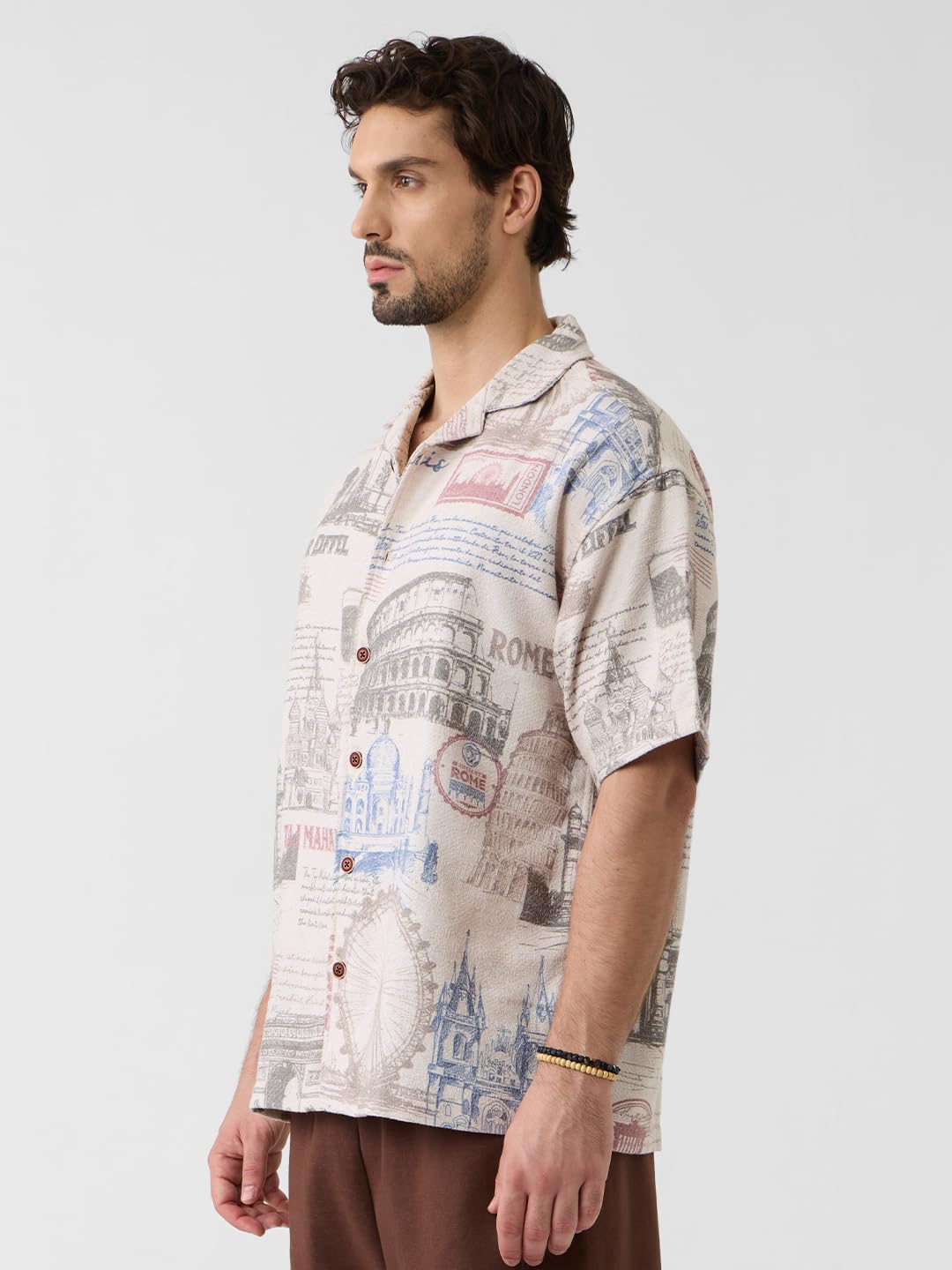 The Souled Store Hawaiian Shirt: Monuments Men and Boys Short Sleeves Collared Neck Button Front Grey All Over Printed Polyester