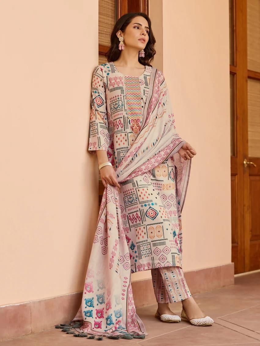 Fashion Basket Cotton Printed Kurta Set For Women Beige