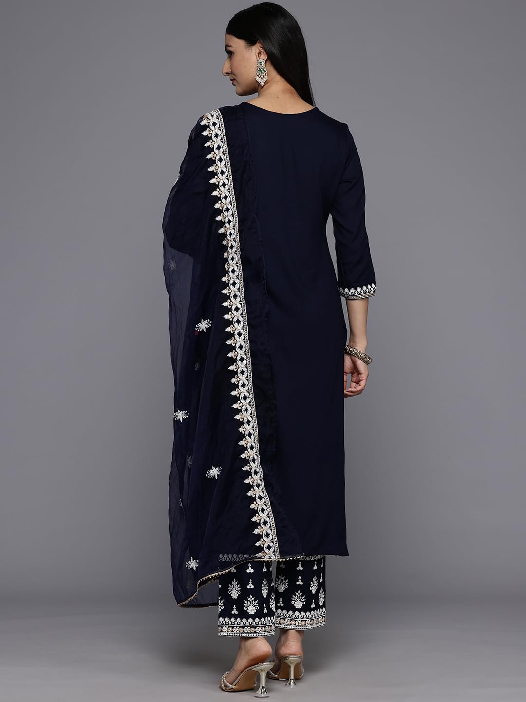 Varanga WomenS Navy Blue Round Neck Thread Embroidered Kurta Paired With Bottom And Dupatta
