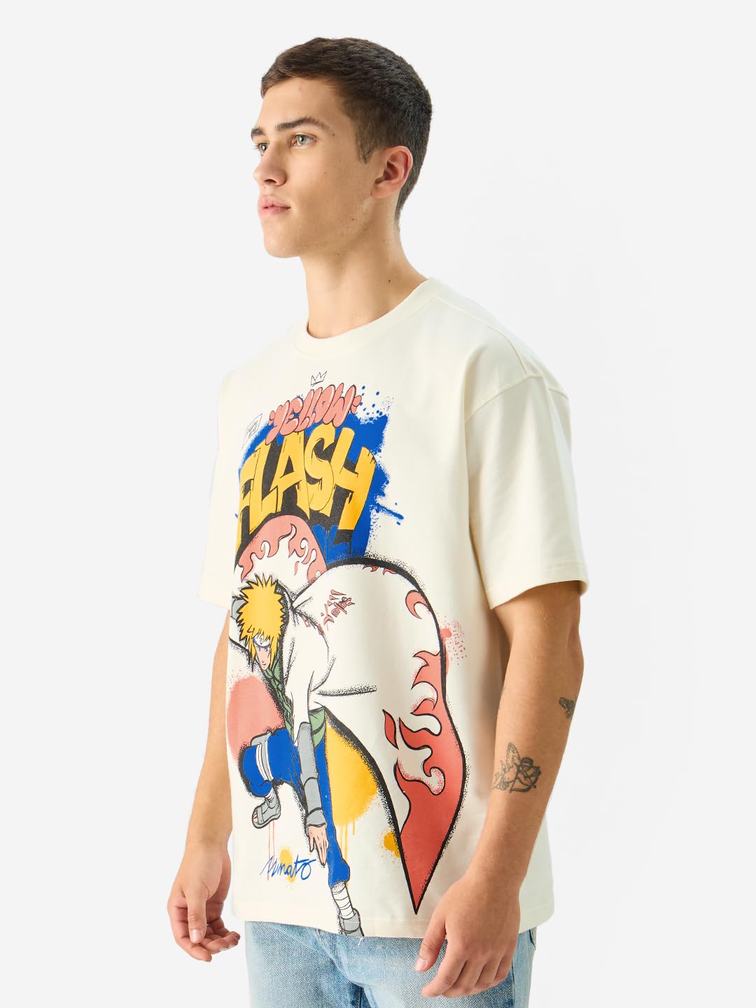 The Souled Store Official Naruto: Yellow Flash White Anime Graphic Printed Cotton Oversized T-Shirts for Men and Boys - Embrace