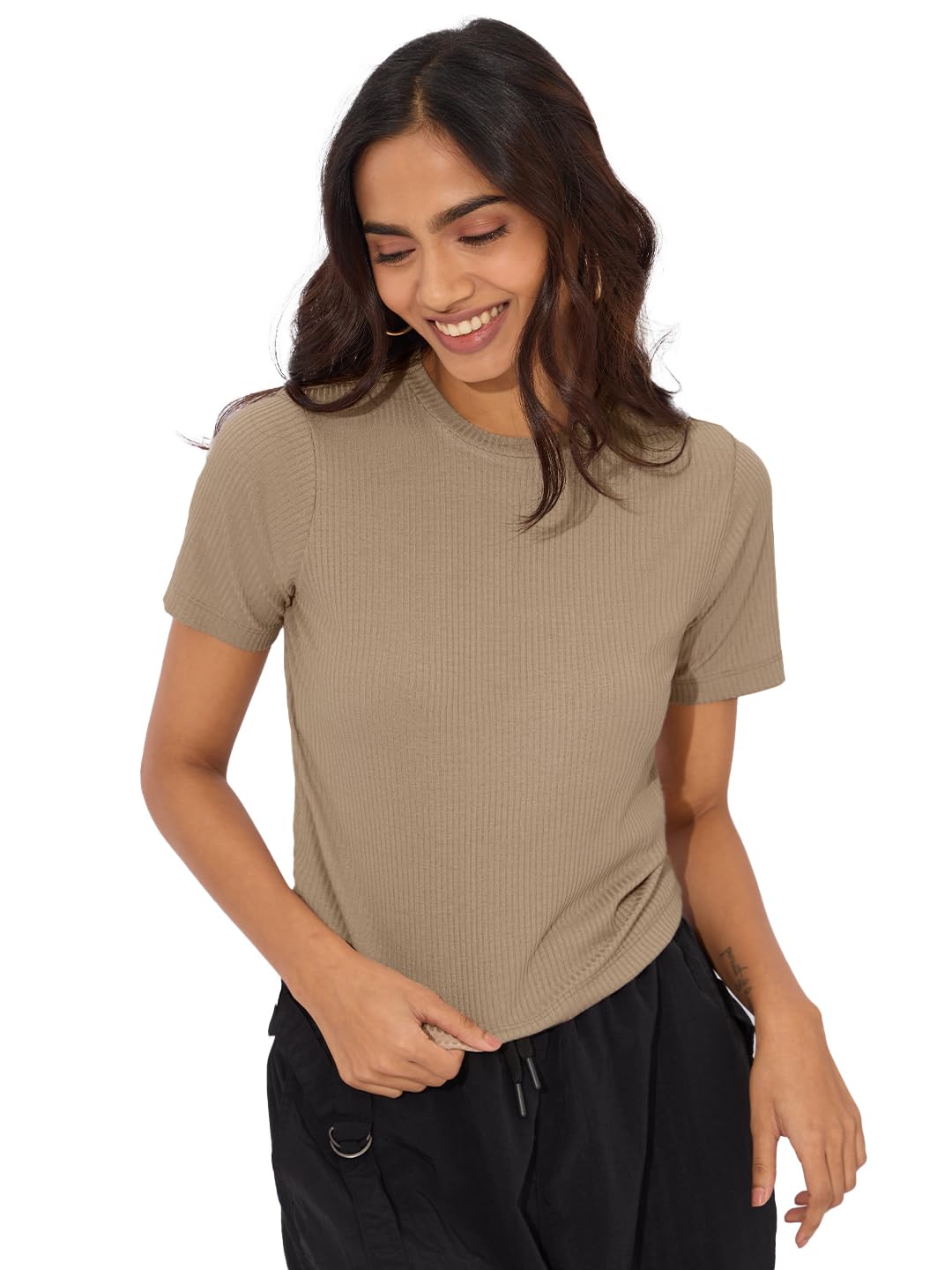 The Souled Store Solids: Classic Beige Women and Girls Short Sleeves Round Neck Polyester Blend Relaxed Fit T-Shirts