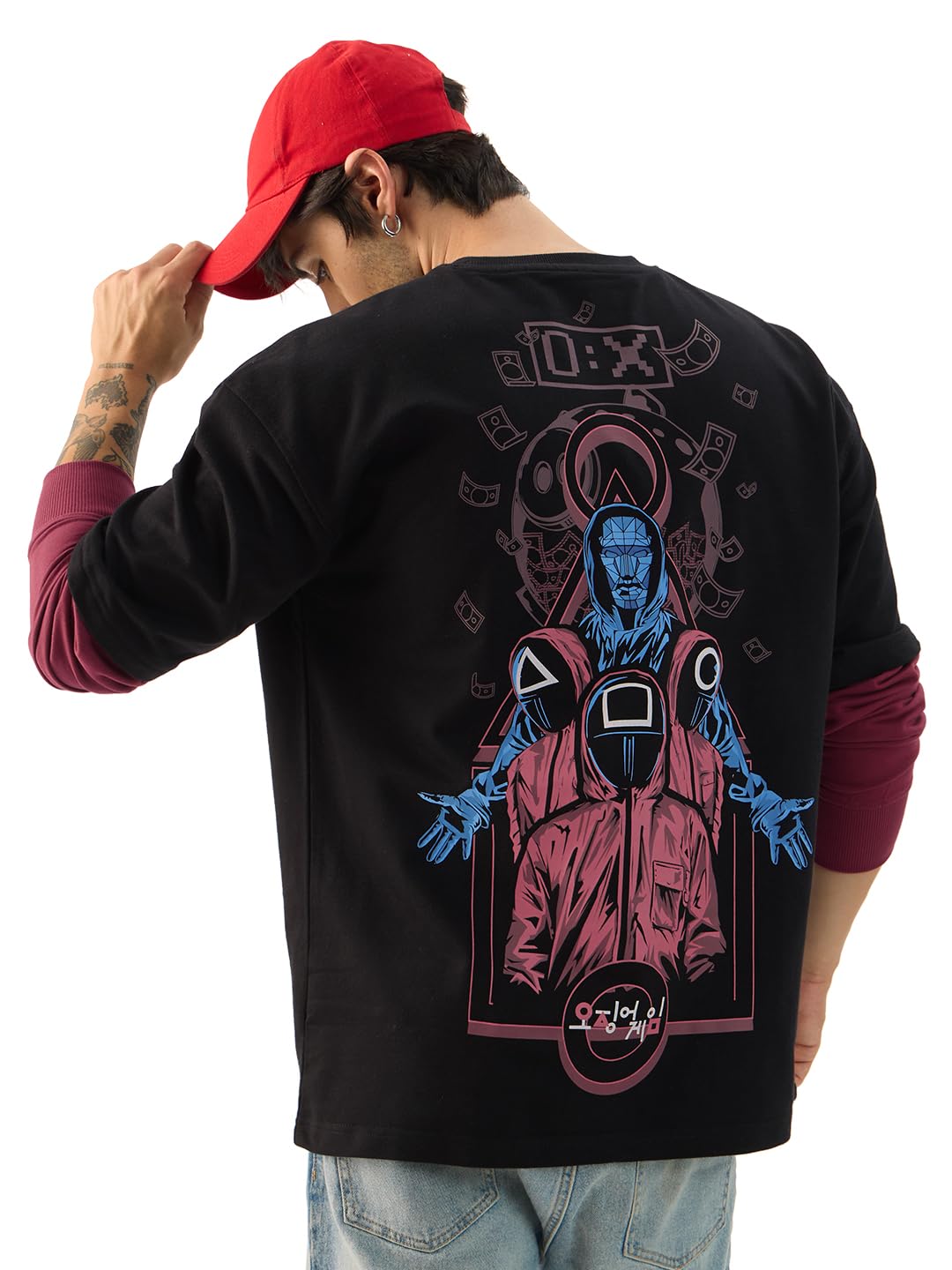The Souled Store Official Squid Game: Front Man Men and Boys Round Neck Black Graphic Printed Cotton Oversized Full Sleeve T-Shi