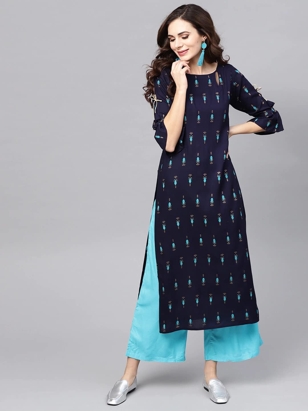 ANNI DESIGNER Women's Cotton Blend Printed Straight Kurta with Palazzo (Sidda)
