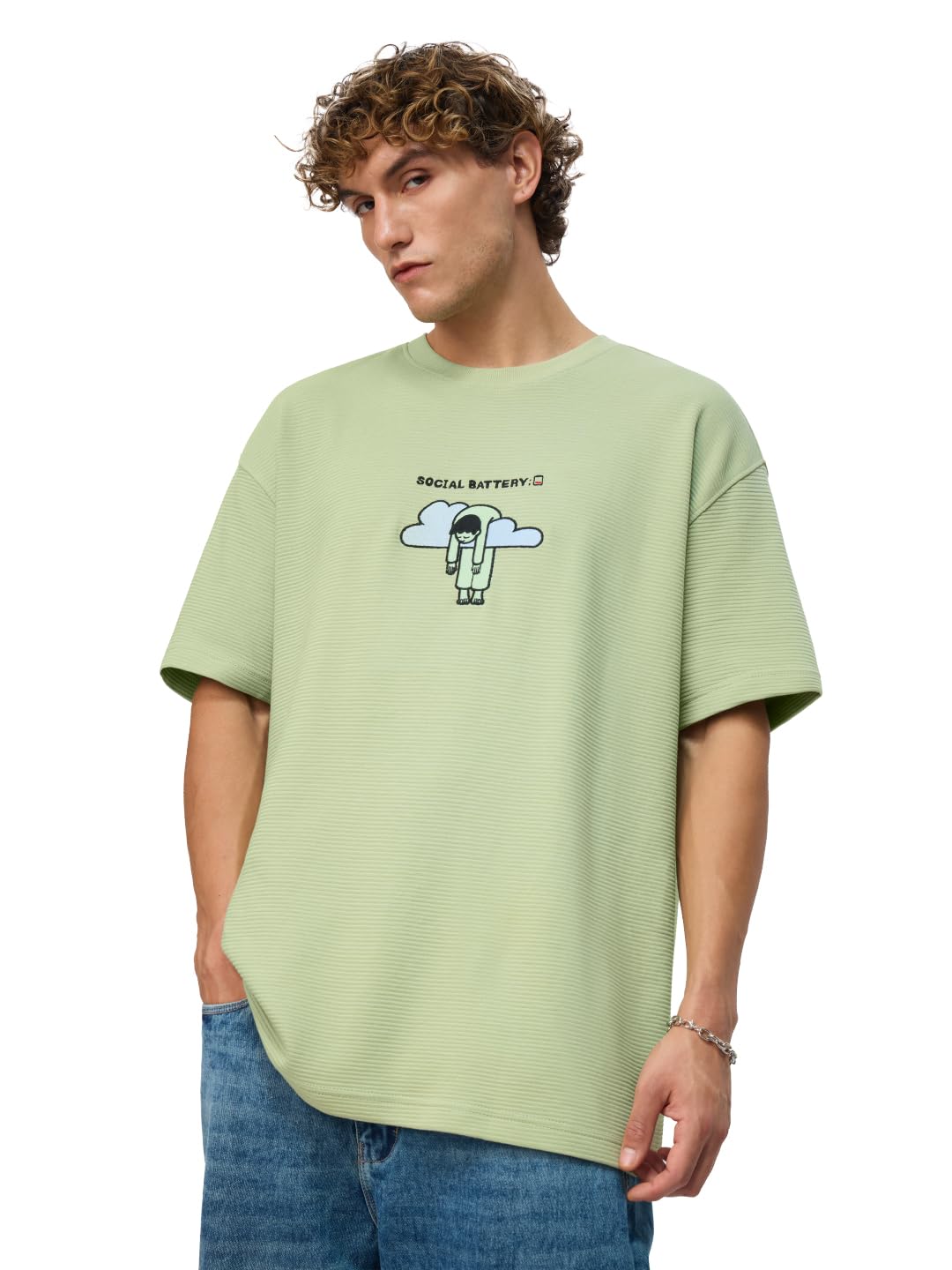 The Souled Store Ottoman: Social Battery Men and Boys Short Sleeves Round Neck Green Embroidered Textured Lightweight Casual Str