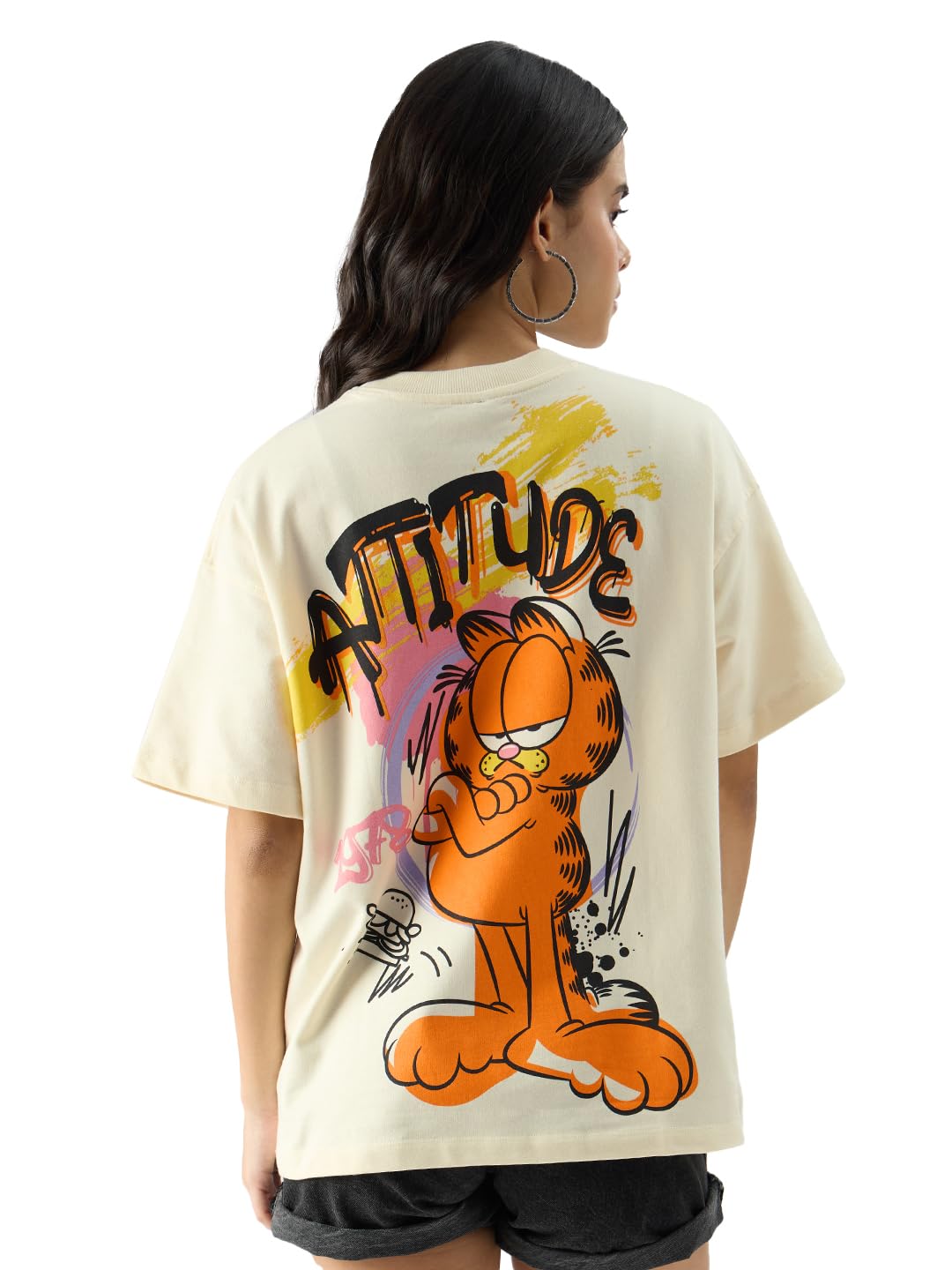 The Souled Store Official Garfield: Attitude Women and Girls Oversize Fit Half Sleeves Graphic Printed Cotton Beige Color T-Shir