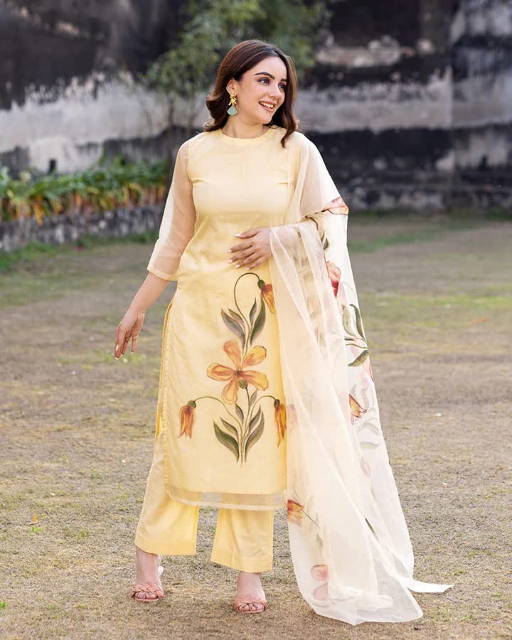 GoSriKi Women's Cotton Kurta with Pant & Dupatta