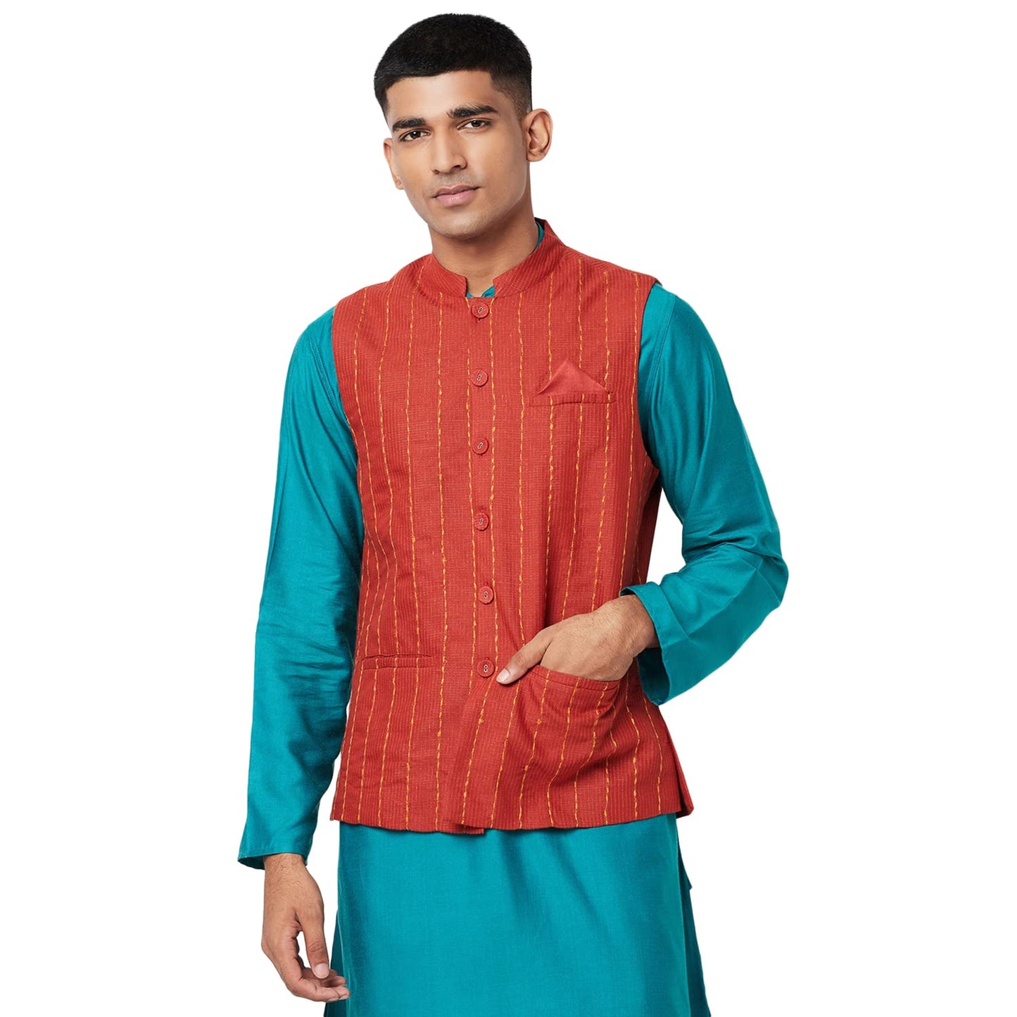 Fabindia Men Tussar Dobby Nehru Jacket Viscose_S
