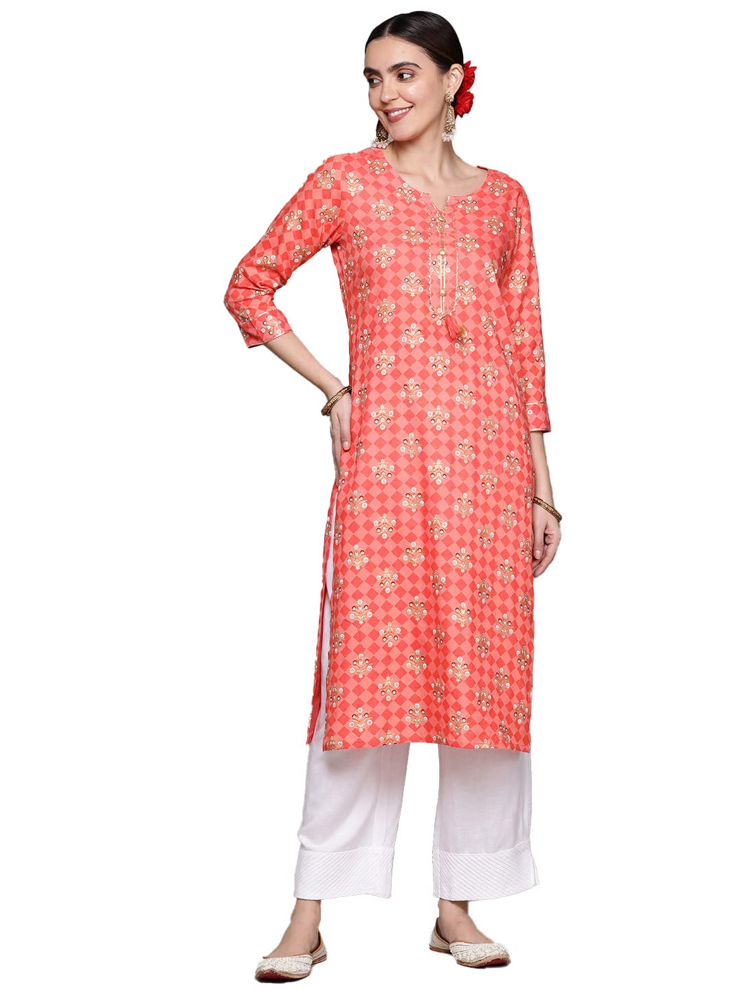anubhutee Women's Rayon Orange Foil Print Floral Printed Straight Kurta