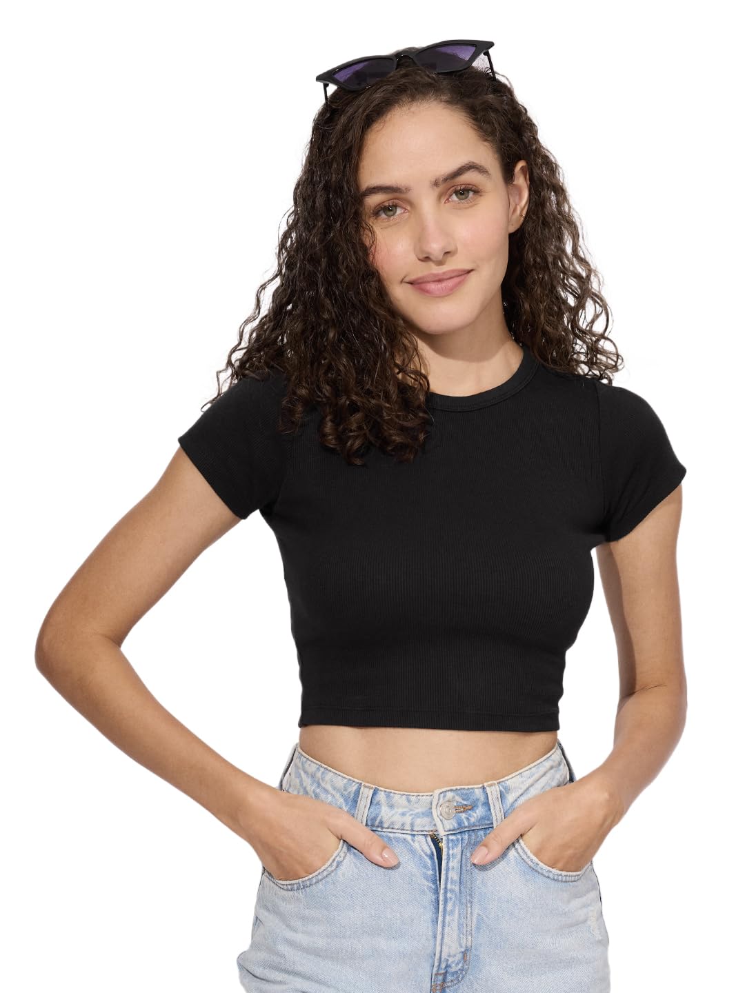 The Souled Store Solids: Jet Black Women and Girls Short Sleeves Round Neck Slim Fit Cropped Tops