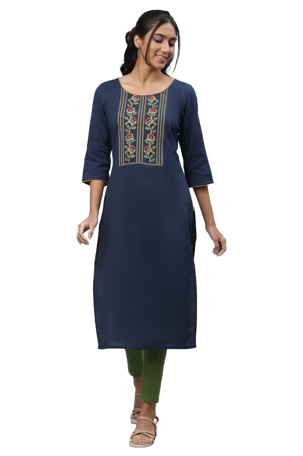 Aurelia WomenS Blue Thread Embroidered Seer Sucker Kurta