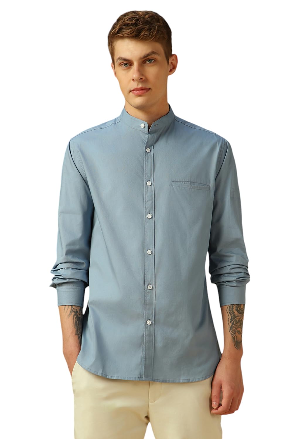 Dennis Lingo MenS Dusty Blue Full Sleeve Mandarin Collar Solid Regular Fit Casual Shirt