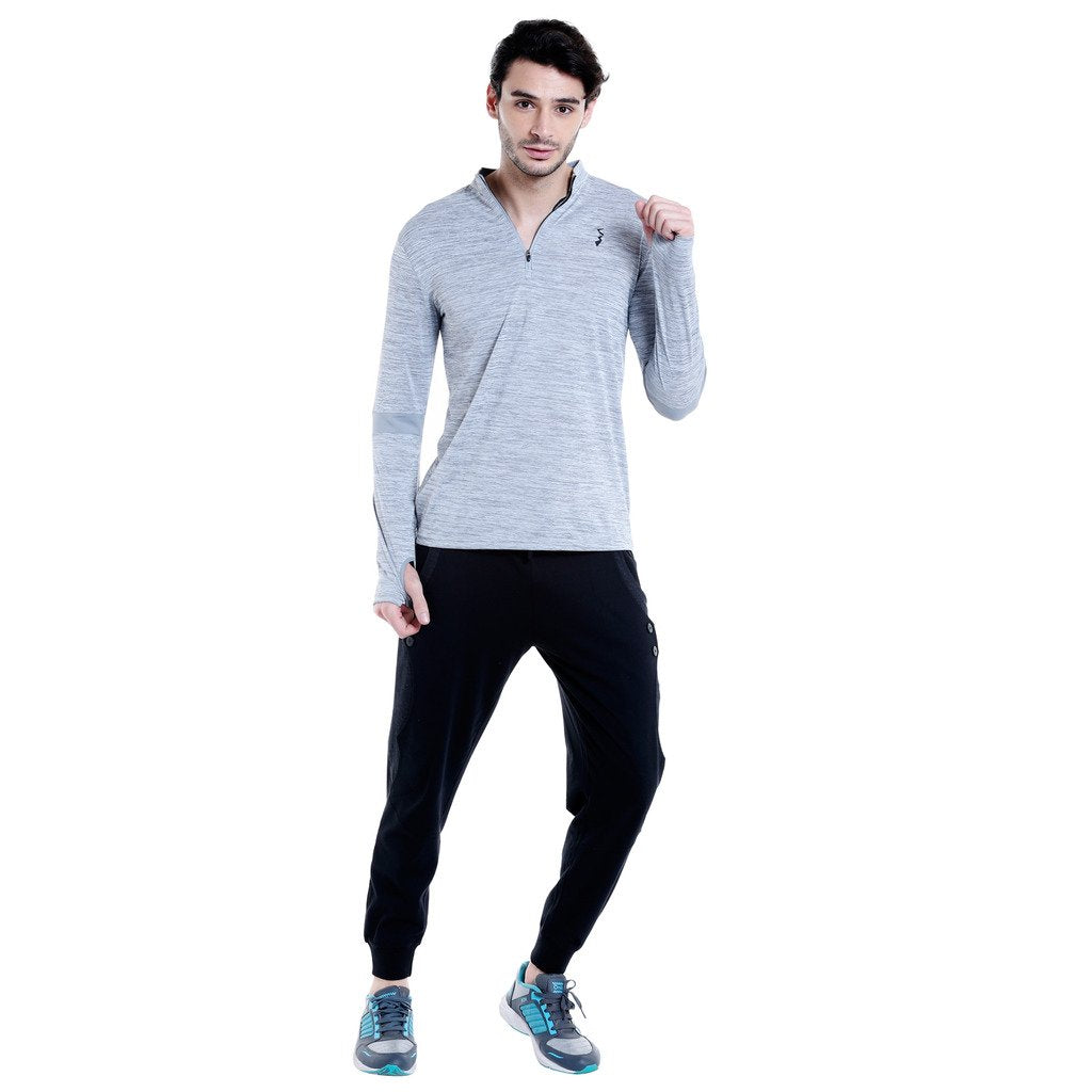 Campus Sutra Mens Light Grey Heathered Activewear T-Shirt for Casual Wear | Dri-Fit | Mock Neck | Long Sleeve | Zipper Closure