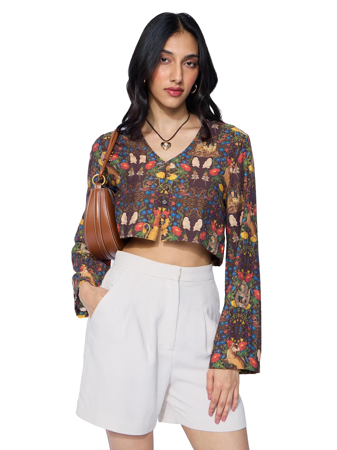 The Souled Store Harry Potter: Foliage Women and Girls Long Sleeves V Neck Button Front Brown All Over Printed Viscose Blend Cro