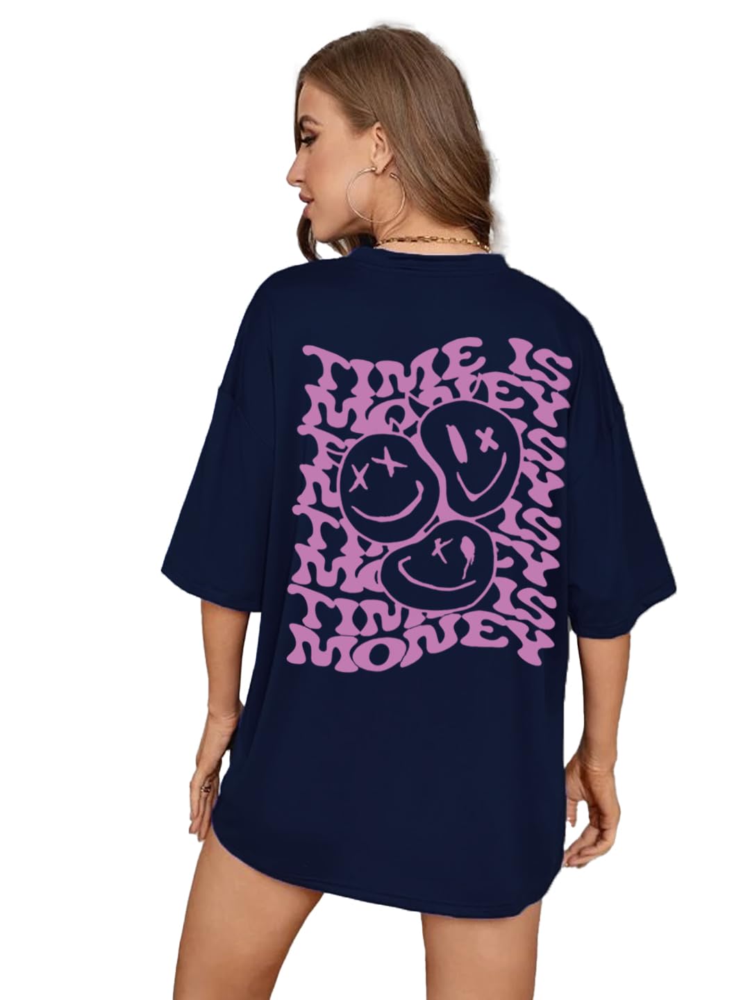 RIGO Womens Printed Oversized Fit T-Shirt (WCT02231556_Navy