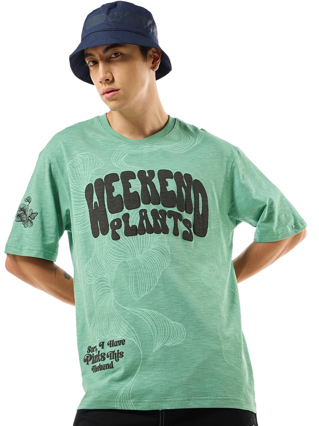 Bewakoof Mens Graphic Print Oversized Fit Half Sleeve Round Neck Cotton Slub T-Shirt_634337_Green_XL