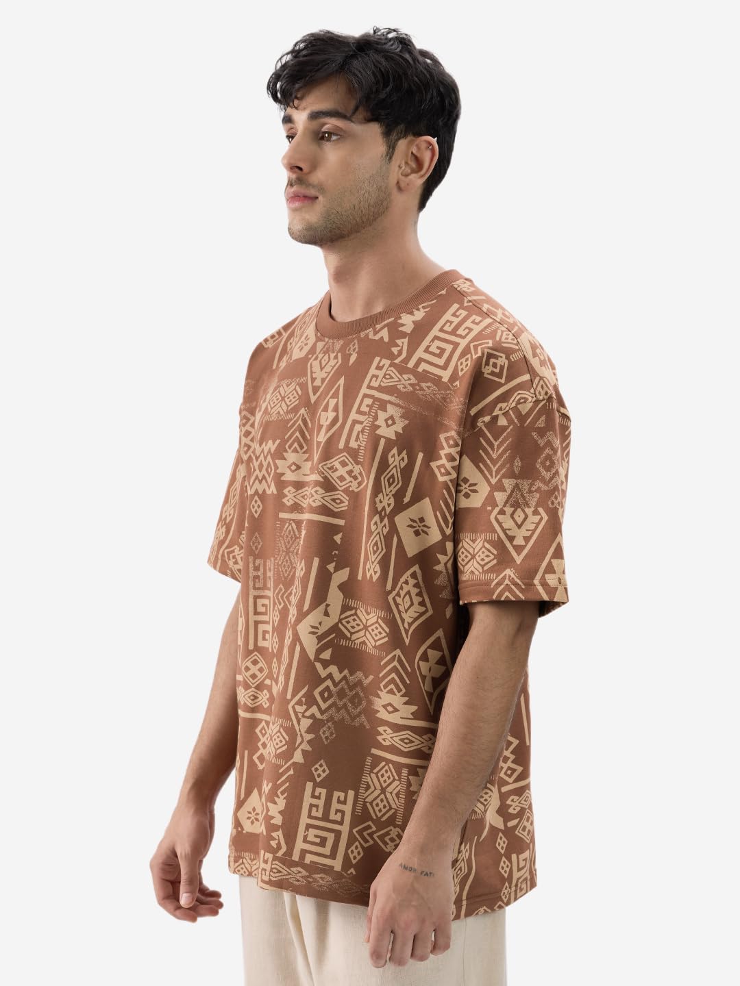 The Souled Store Spirit Mosaic Men and Boys Short Sleeves Round Neck Brown All Over Printed Cotton Oversized T-Shirts