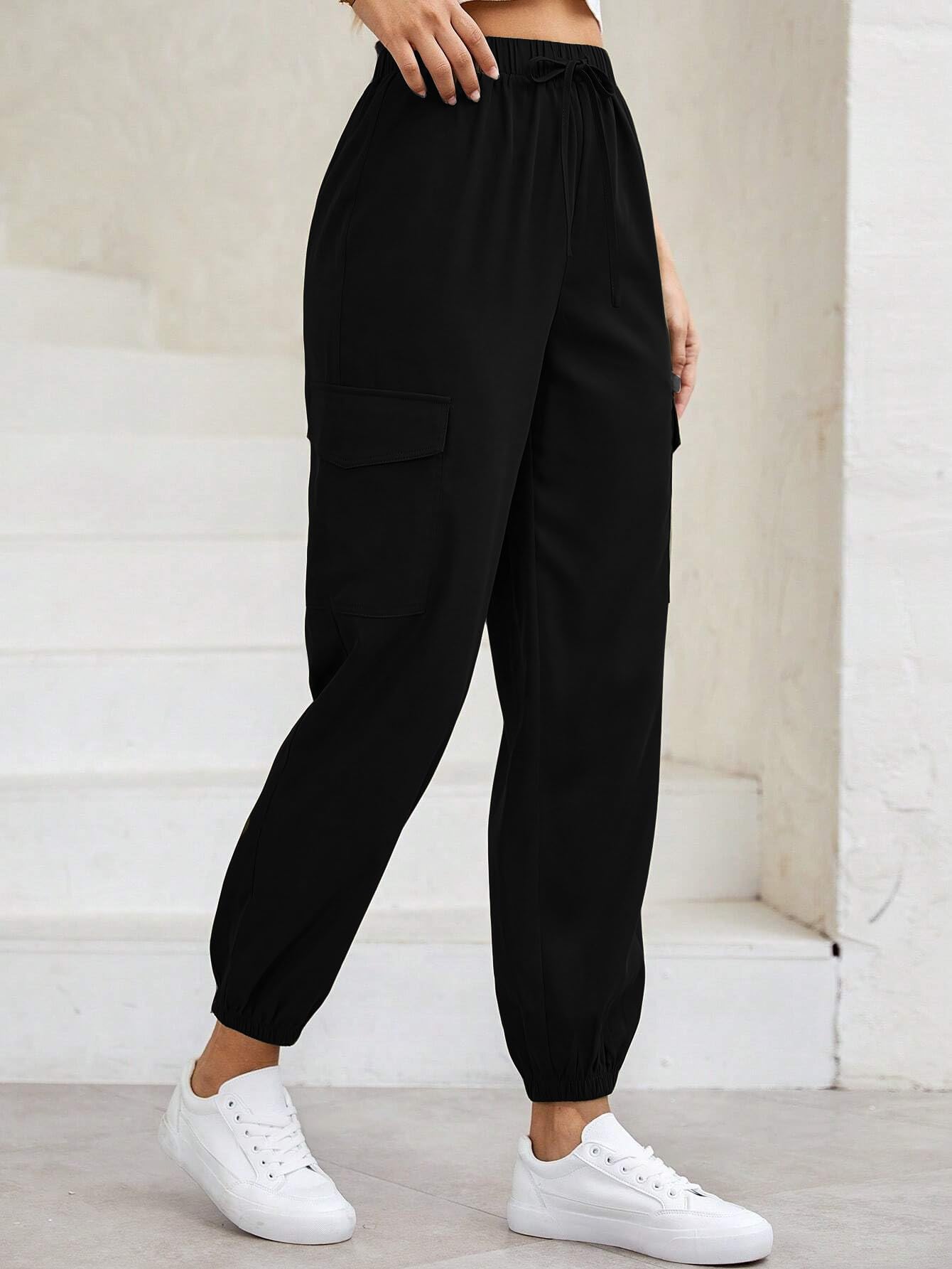 TAGAS Womens Solid Flap Pocket Side Drawstring Waist Cargo Pants || Cargo for Women Black